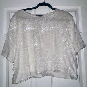 Express Sequin Short Sleeve Crop Top | White Silver Sparkle | XL | NWT